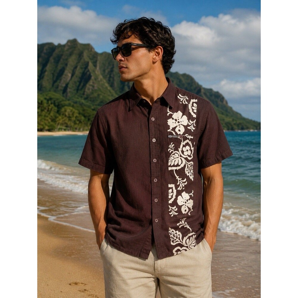 Tanoa Samoa Hawaiian Shirt Men’s Large Brown Floral Polynesian Aloha Cotton